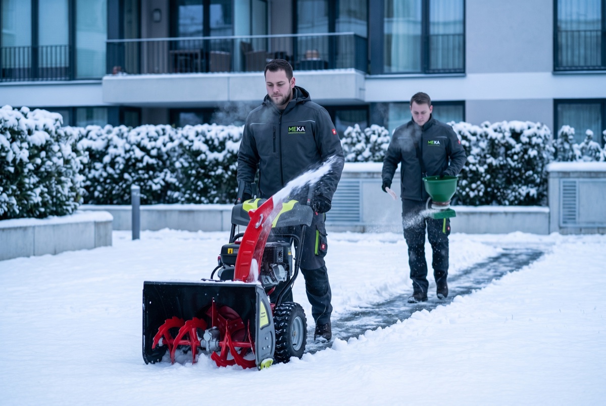 Winterdienst mit Schneefräse und zwei Mitarbeitern beim Räumen und Streuen